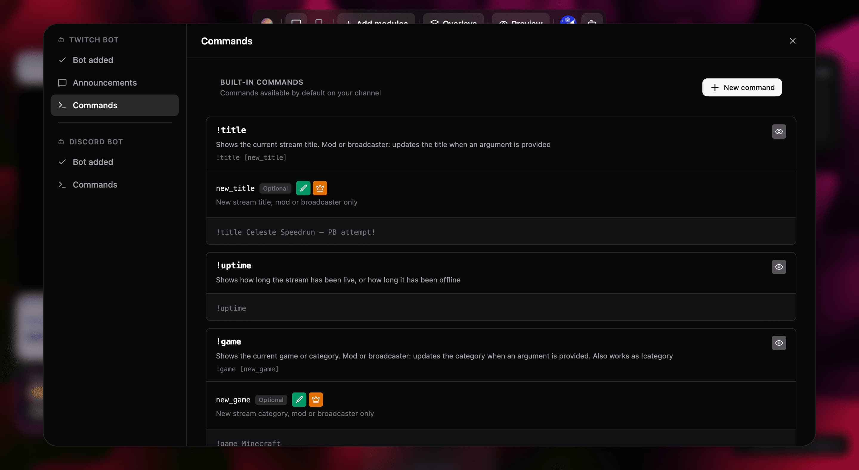 Twitch bot command configuration